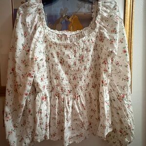 Candie's Cream Smocked Peasant Blouse with Pink Floral Print